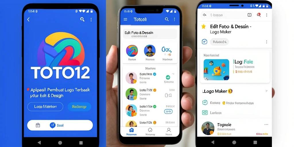 Screenshot aplikasi TOTO12 menampilkan antarmuka pengguna yang intuitif dan fungsi pembuatan logo.